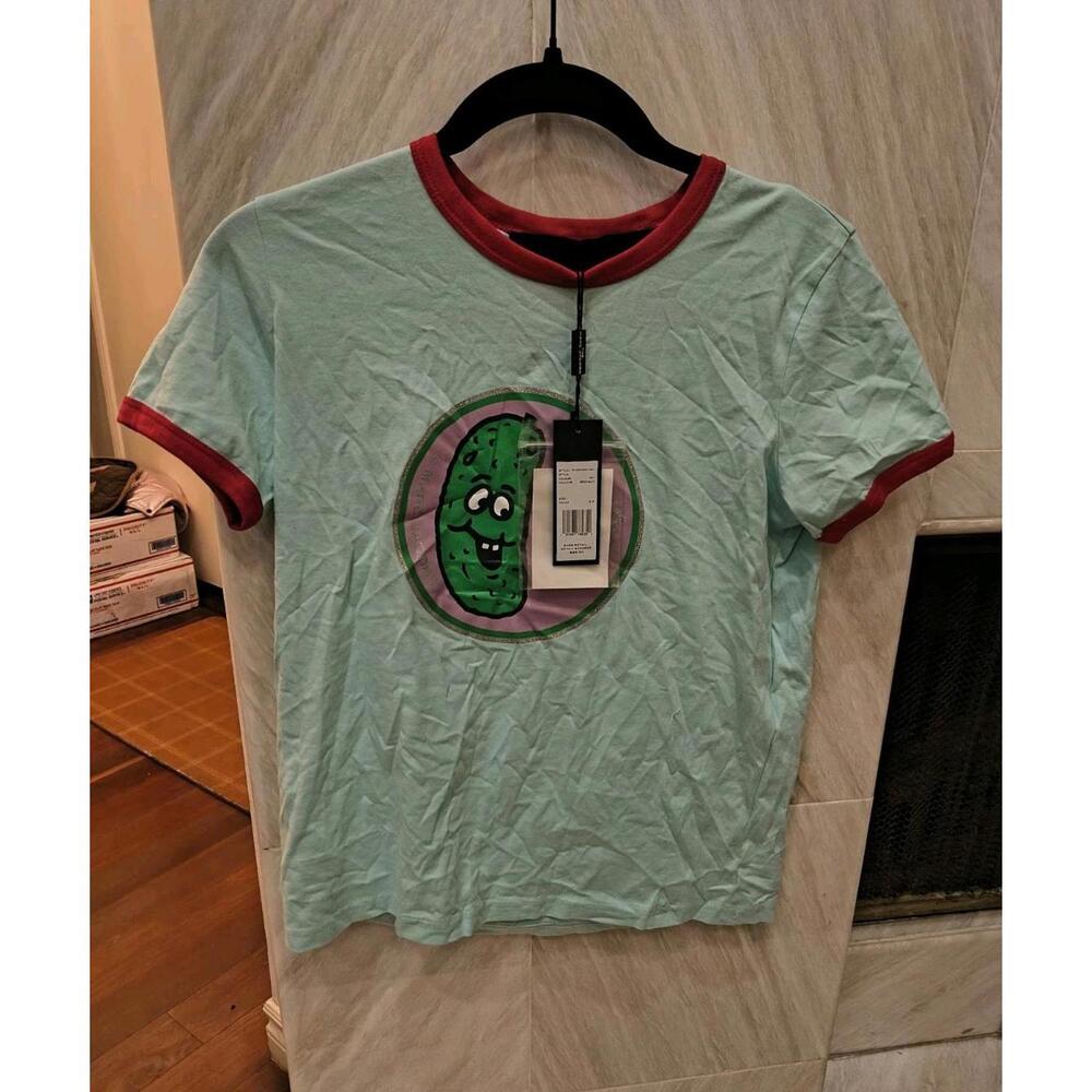 Marc Jacobs Ringer T Shirt Pickle "Dill With It" Graphic Aqua Pink Size S NEW - Picture 2 of 6